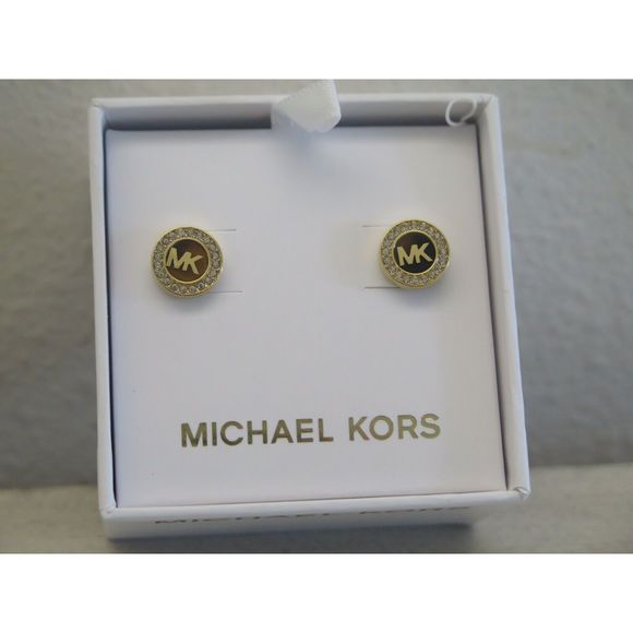 Michael Kors MKJX7854710 Gold Toned Pavè Crystals MK Logo Monogram Stud Earrings - Picture 5 of 9